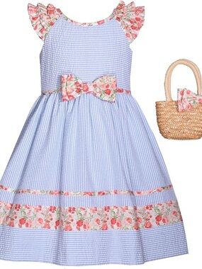 Bonnie Jean Light Blue and Pink Floral Seersucker Dress with Bow
